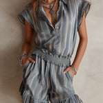 Vintage Satin Striped Blouse And Shorts Set With Ruffles