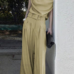Loose Wide Leg Belted Pleated Solid Color Casual Pants Bottoms