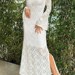 Luxe Lifestyle Lace Square Neck Bell Sleeve Lined Slit Midi Dress