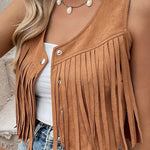 Camel Fringed Snap Button Front Cropped Suedette Vest