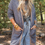 Fashion Contrast Striped Loose Long-sleeved Mid-length Knitted Cardigan