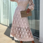 Margovil Mockneck Puff Sleeves Lace Hollow Out Mid Dress