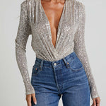 Margovil Wrap Deep V Neck Long Sleeves Sequin Bodysuit