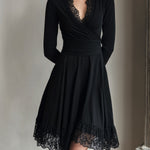 Elegant Black Lace-Trim Long Sleeve Fit-and-Flare Wrap Dress