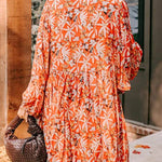 Orange Floral Print Split V Neck Bubble Sleeve Plus Size Midi Dress