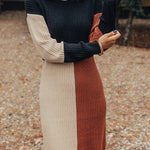 Winter Latte Knit Color Block Mock Neckline Sweater Mini Dress