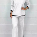 Solid Color V-neck Long-sleeved Loose Top and Elastic Waist Wide-leg Pants Set
