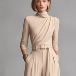 Women's Neutral-colored Cotton Blend Knit Jumpsuit With Gathered Waist