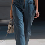 Denim Halter Neck Zip-Front Cropped-Leg Jumpsuit