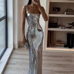 Slim Fit Square Neck Halter Backless Maxi Dress