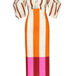 Kaya Linen Blend Color Block Print Front Cutout Knot Puff Sleeve Maxi Dress