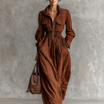 Women's Cotton And Linen Zipper Lapel Elastic Waist Maxi Dress