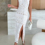 Paulette Unique Lace Halter Backless Slit Stretch Midi Dress