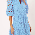 Solid Color Lace Cutout Balloon Sleeves and Waist Tie Mini Dress
