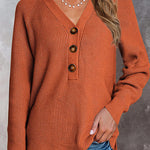 Half Button Raglan Sleeve V Neck Sweater