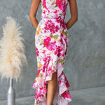 Halter Sleeveless Ruffle Hem Slit Floral Print Maxi Dress