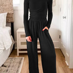 Long Sleeves Slim Fit Top Elastic Waist Wide Leg Pants Loungewear Set