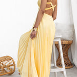V Neck Backless Cut Out Pleated Maxi Cami Dress