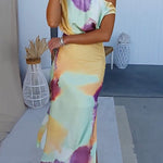 Asymmetric Shoulder Waisted Tie Dye Slit Maxi Dress