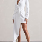 Long Sleeves Asymmetric Buttoned Pockets Solid Color Notched Collar Blazer Maxi Dress