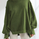 Long Sleeves Loose Fringed Solid Color Split-Joint Split-Side Round-Neck Sweatershirt