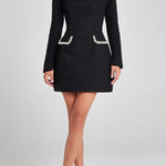 Girly and Glamorous Tweed Fabric Pearl Trim Long Slit Sleeve Pocketed Mini Dress