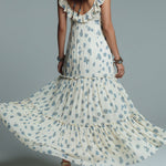 Bohemian Floral Print Pleated Maxi Dress With Ruffles