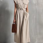 Women's Elegant, Natural-colored Cotton And Linen Blend Sleeveless Maxi Dress With A Shirt Collar