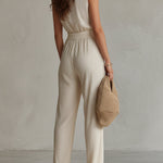Bohemian Chiffon Pleated Shirt Collar Sleeveless Jumpsuit