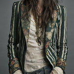 Bohemian Floral Print Cotton And Linen Striped Blazer