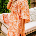 Orange Floral Print Smocked V Neck Bell Sleeve Maxi Dress