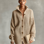 Women's Camel Elegant Button - Front Oversized Mini Cardigan Dress