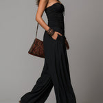 Vacation-style Strapless Pleated Cotton Blend Jumpsuit