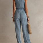Vintage Chiffon Pleated Jumpsuit With Keyhole Neckline