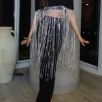 New Level Shiny Tassel Stand Neck Crop Cape Blouse