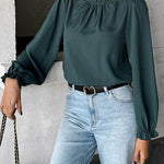 Long Sleeves Loose Elasticity Pleated Ruffle Trim Solid Color Mock Neck Blouses&Shirts Tops