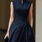 Sleeveless Wrap Midi Dress With Structured Stand Collar