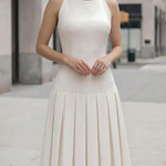 High-Neck Pleated Midi Dress With Sculpted Bodice