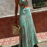 Margovil V Neck Sleeveless Cut Out Waist Side Slit Tie Dye Maxi Dress