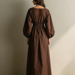 Women's Casual Brown Cotton And Linen V-neck Long-sleeved Maxi Dress With Elastic Waist