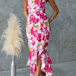 Halter Sleeveless Ruffle Hem Slit Floral Print Maxi Dress