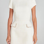 Margovil Mockneck Pearl Trim Waisted Tweed Mini Dress