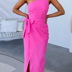 One Shoulder Sleeveless Knot Waist Wrapped Party Dress