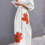 Half Sleeves Loose Flower Print Round-Neck Midi Dresses