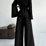 Long Sleeves Solid Color Split-Joint Tied Waist V-Neck Blouses&Shirts Tops