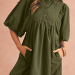 Vineyard Green Snap Button Empire Waist Lantern Sleeve Corduroy Dress