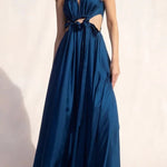 Midnight Charm Satin Ruched Cutout Tie-up Maxi Dress