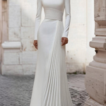 High Waisted Long Sleeves Pleated Solid Color Split-Joint Zipper Mock Neck Maxi Dresses