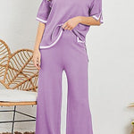 Lounge or Casual Wear Knit Patchwork Color Block Short Sleeve Top and Elastic Wide Leg Pants