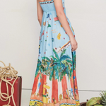 Summer Energy Linen Blend Unique Print Smocked Back Pocketed Midi Dress